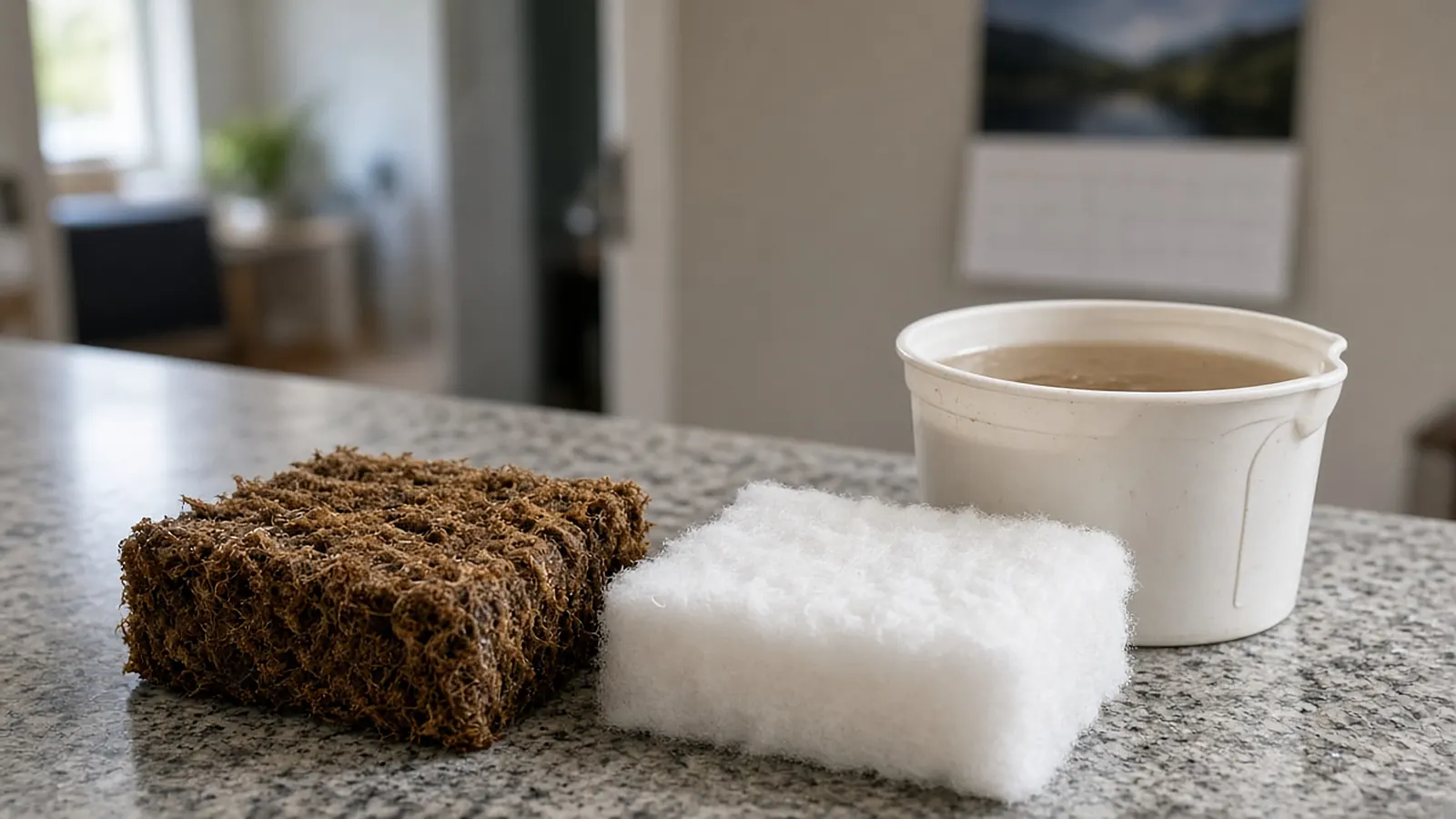 A used brown aquarium filter cartridge next to a clean white one and a cup of tank water on a counter