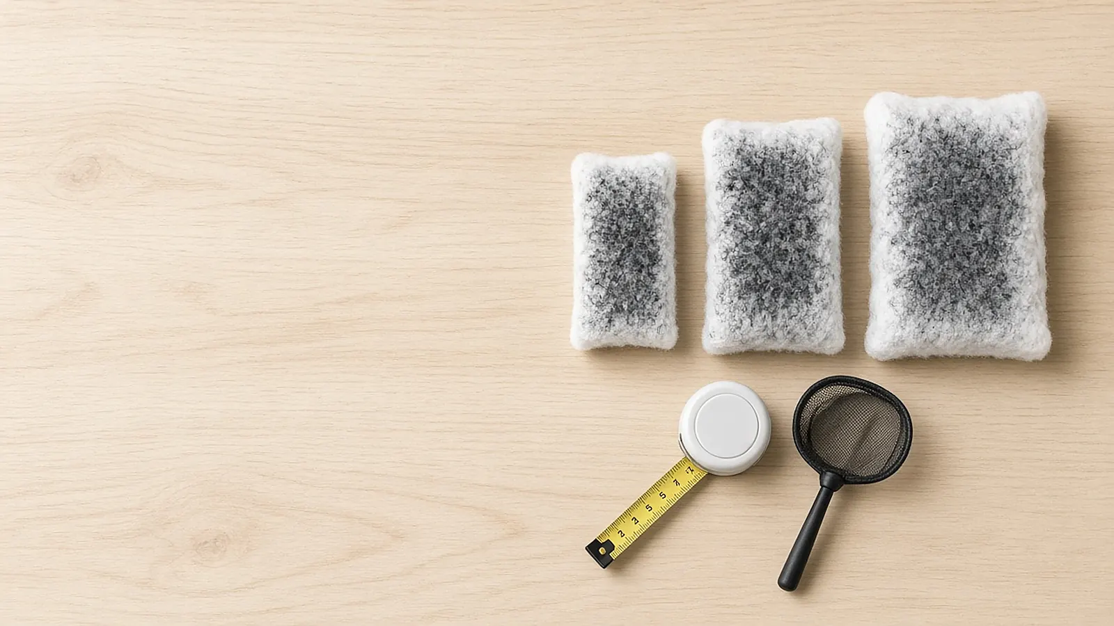 Small, medium and large aquarium filter cartridges lined up on a wooden table with a tape measure and a fish net