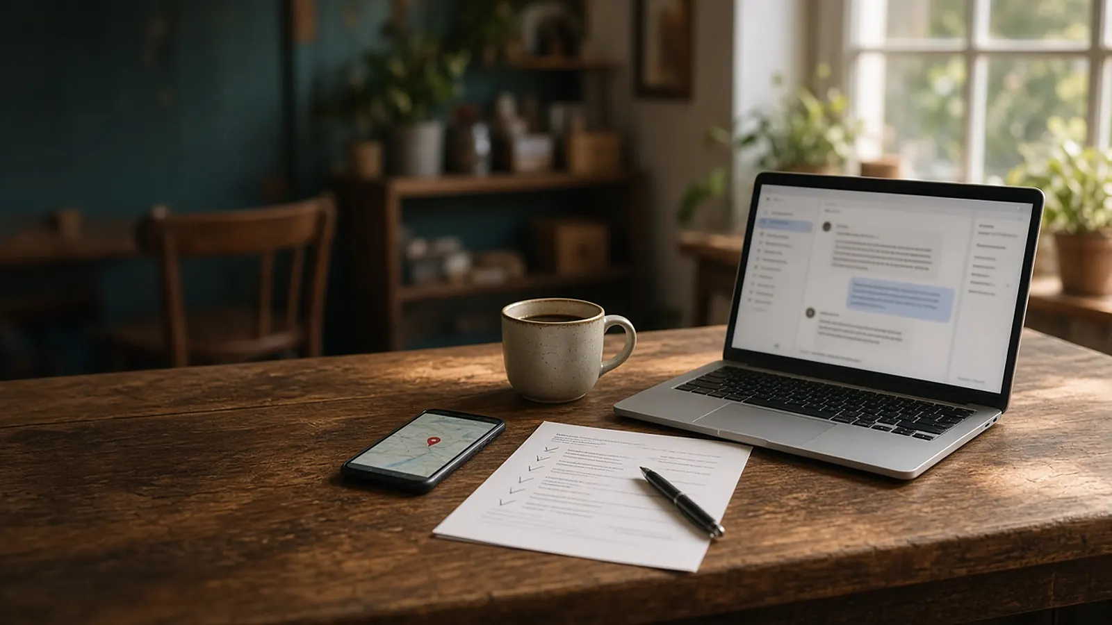 Wooden shop counter in morning light with a laptop showing a chat window, a phone with a map pin, a printed checklist with ticks, a pen and a coffee mug