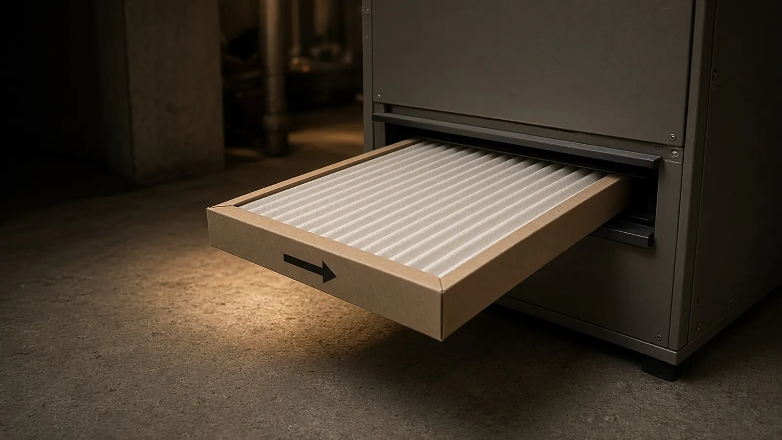 Pleated furnace filter sliding into the furnace slot, with the airflow arrow on the frame pointing toward the furnace