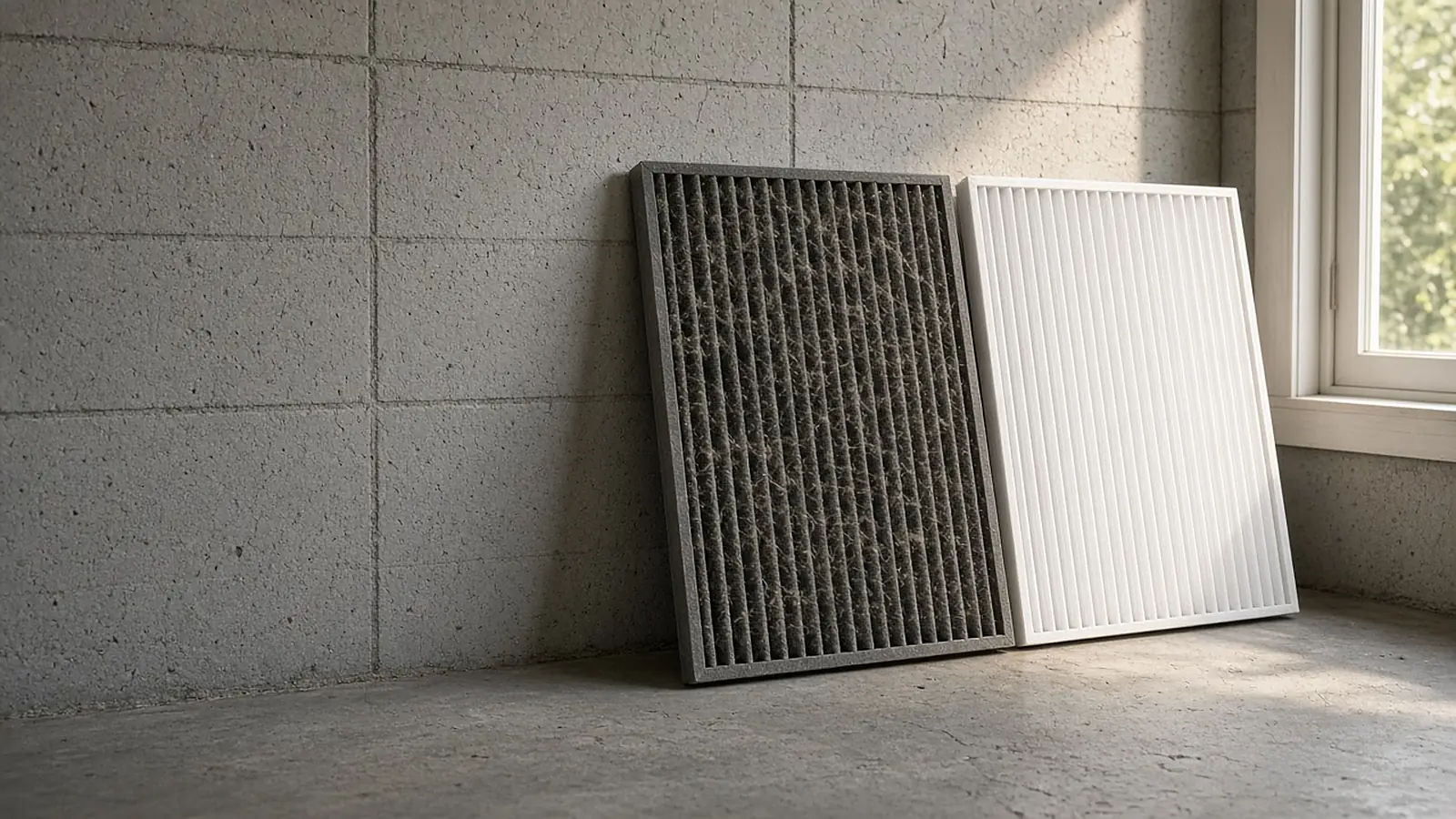 Dust-clogged gray furnace filter leaning beside a clean white one against a garage wall