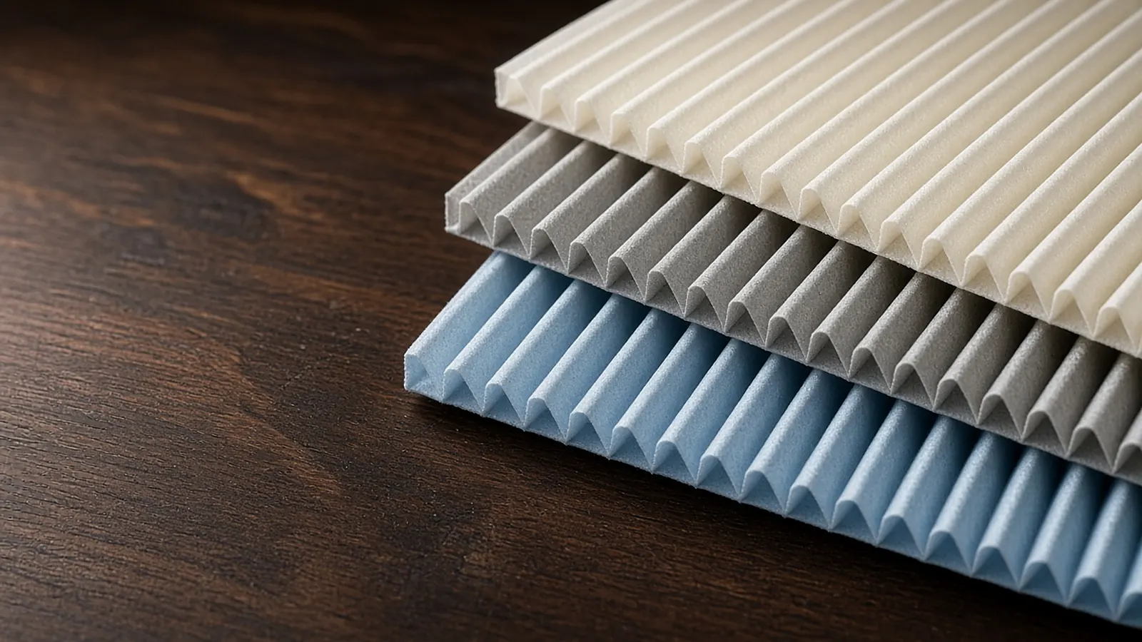 Close-up of three pleated filter media samples with different pleat density stacked on a walnut table