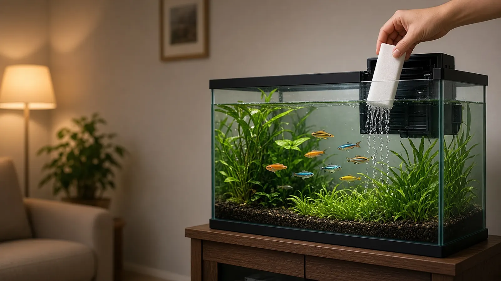 A hand lifts a dripping white filter cartridge out of a hang-on-back filter on a planted fish tank