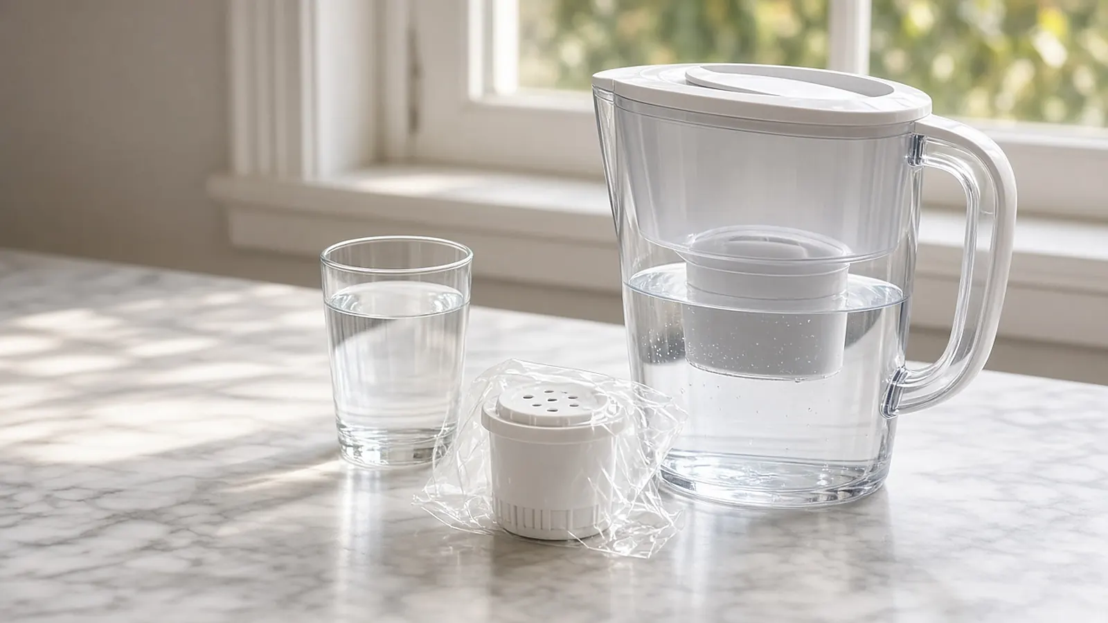 Clear water filter pitcher on a sunlit marble counter beside a glass of water and a new filter cartridge in its wrapper