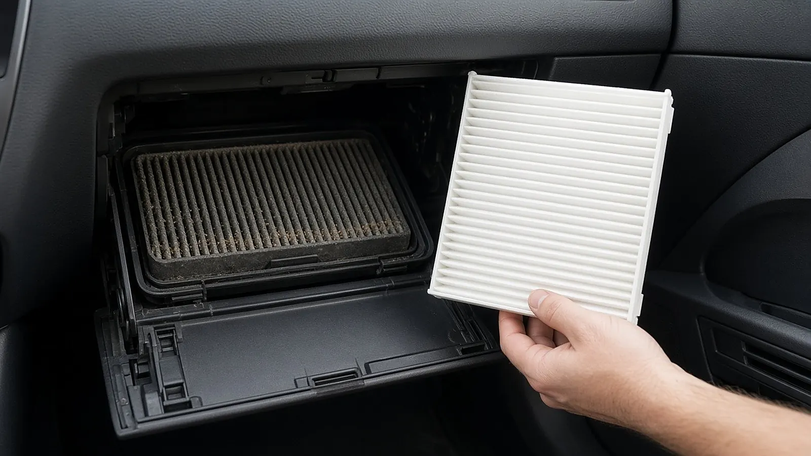 Hand holding a new white pleated cabin air filter next to a dirty gray one in the open filter housing behind a car glove box
