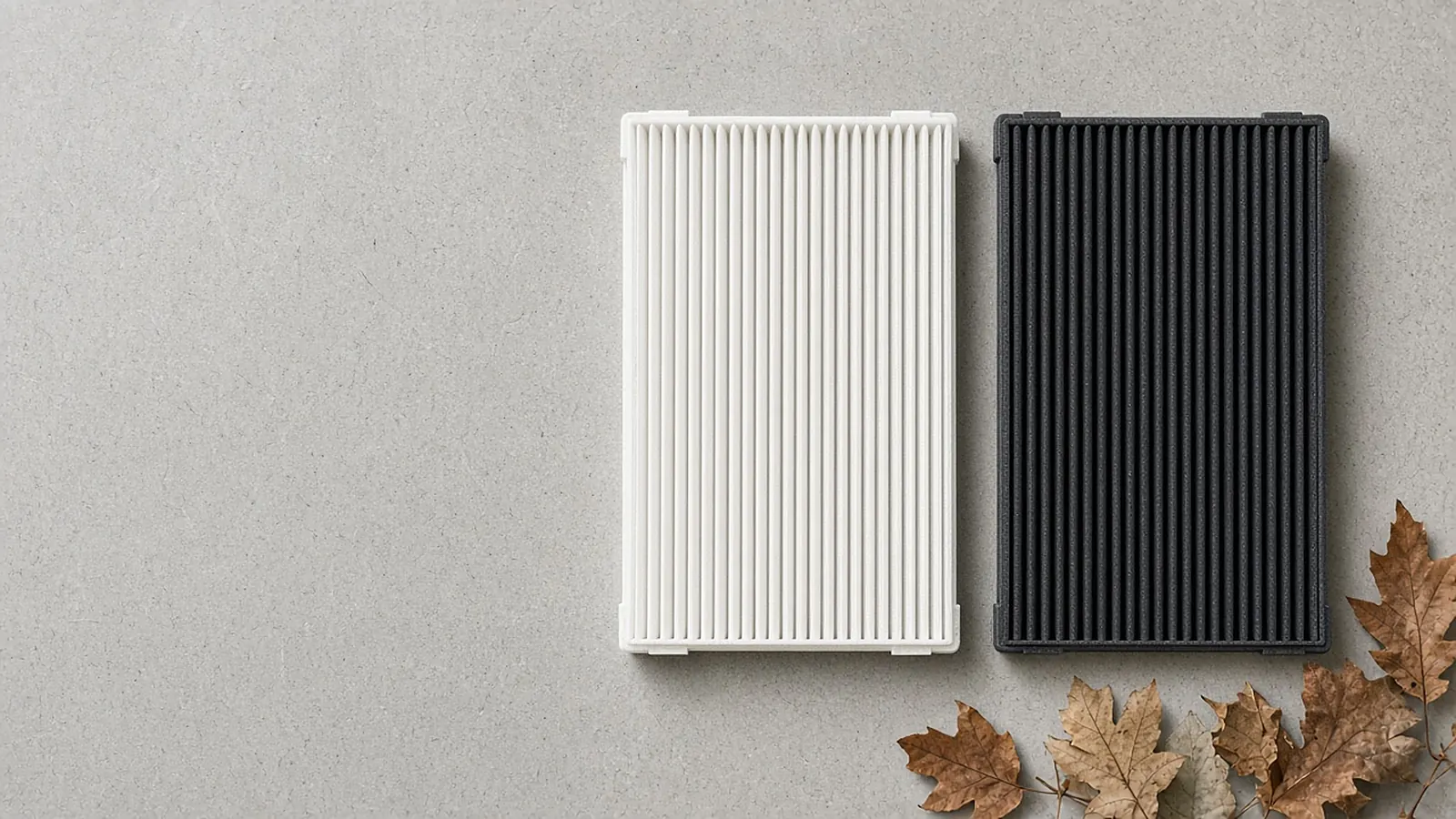 A white pleated cabin air filter and a charcoal-black carbon cabin air filter side by side on concrete with dry leaves
