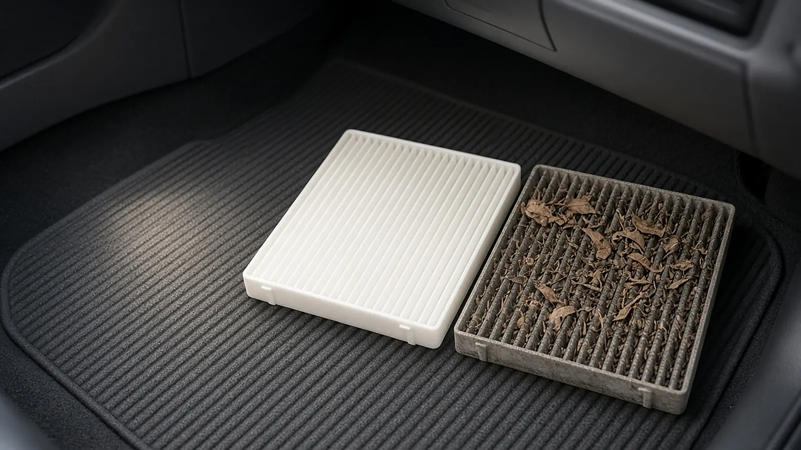 A clean white cabin air filter next to a gray clogged one full of leaves on a car floor mat