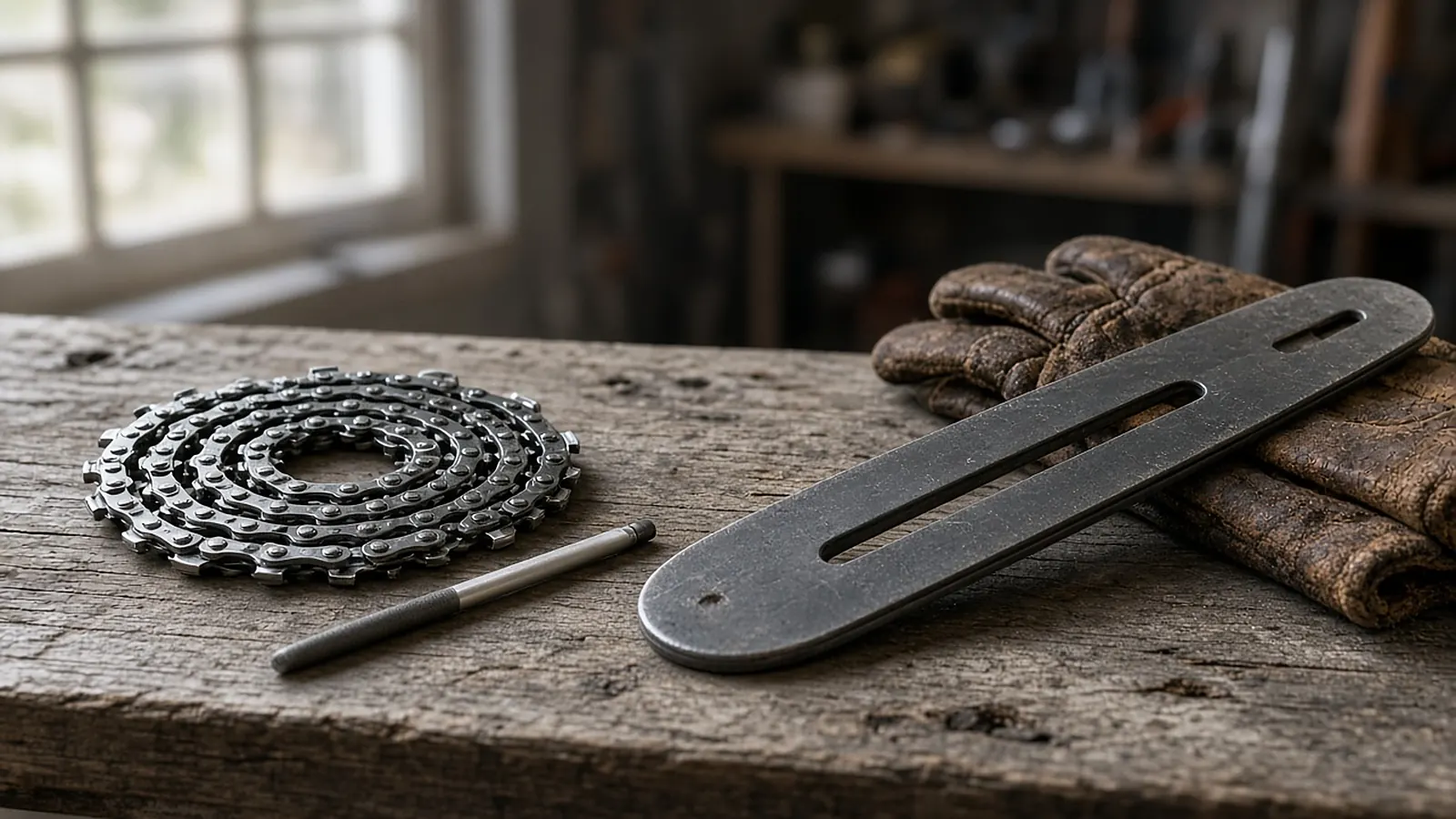 A coiled replacement chainsaw chain, a round file, a guide bar and leather work gloves on a wooden workbench