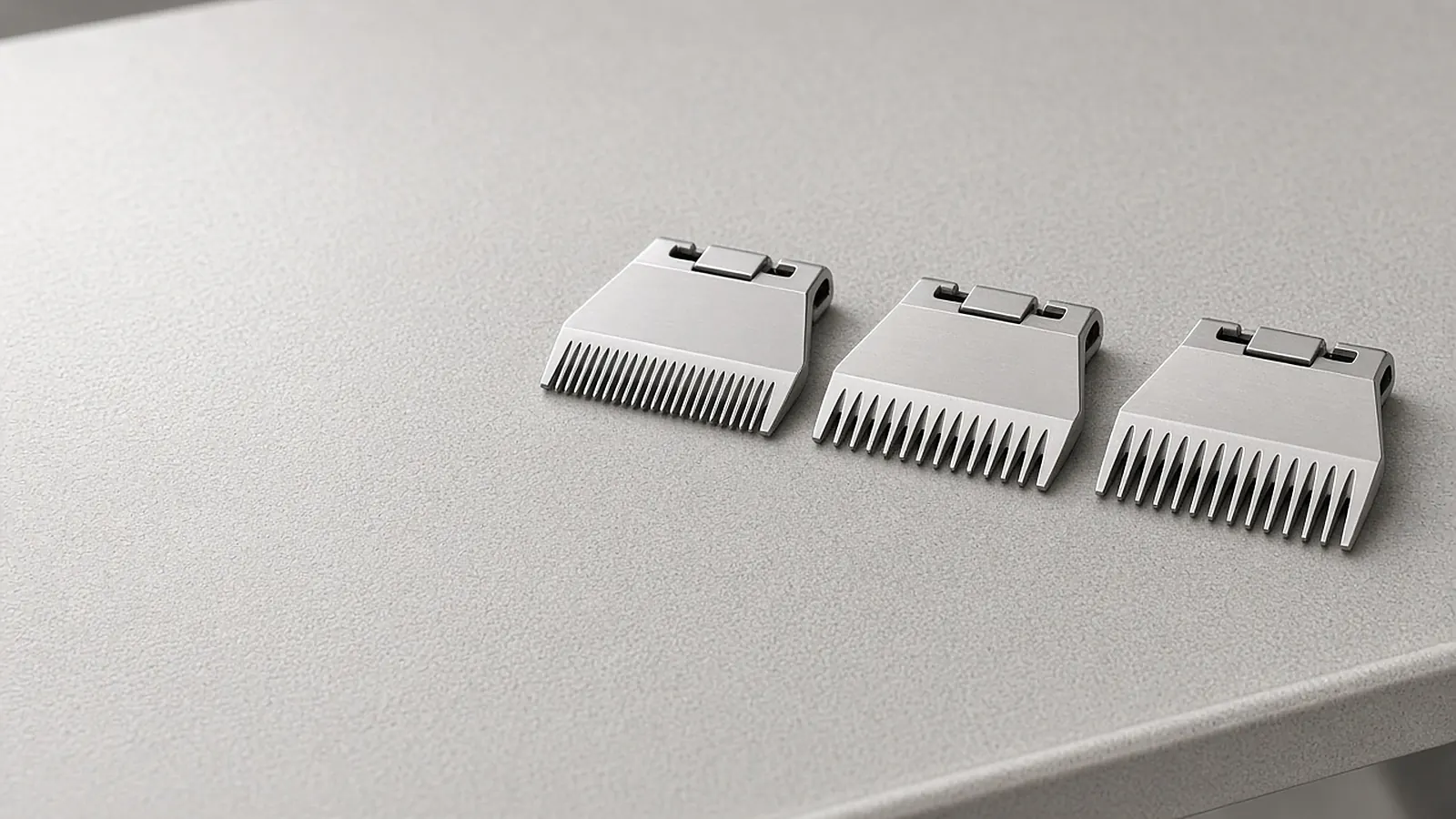 Three detachable clipper blades side by side on a gray grooming table, each with a different tooth spacing