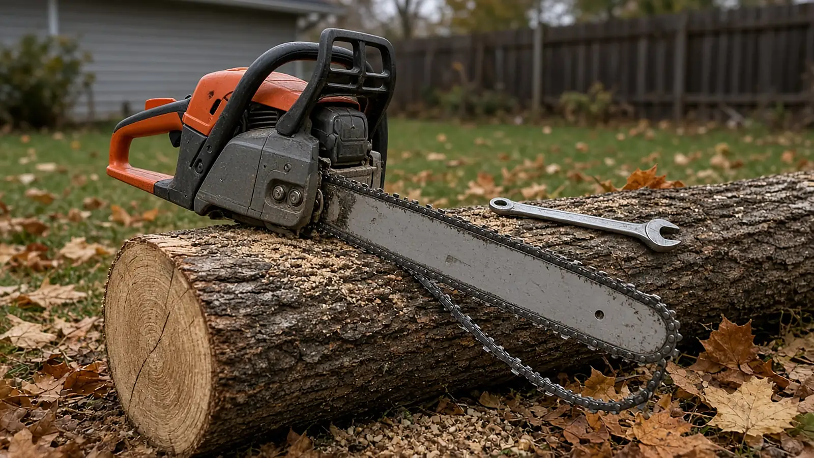A gas chainsaw resting on a log with its chain sagging off the bottom of the guide bar
