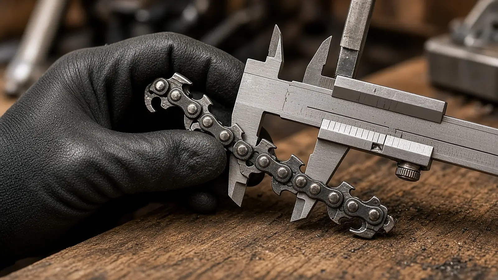 A gloved hand holds a short length of chainsaw chain while a steel caliper measures it