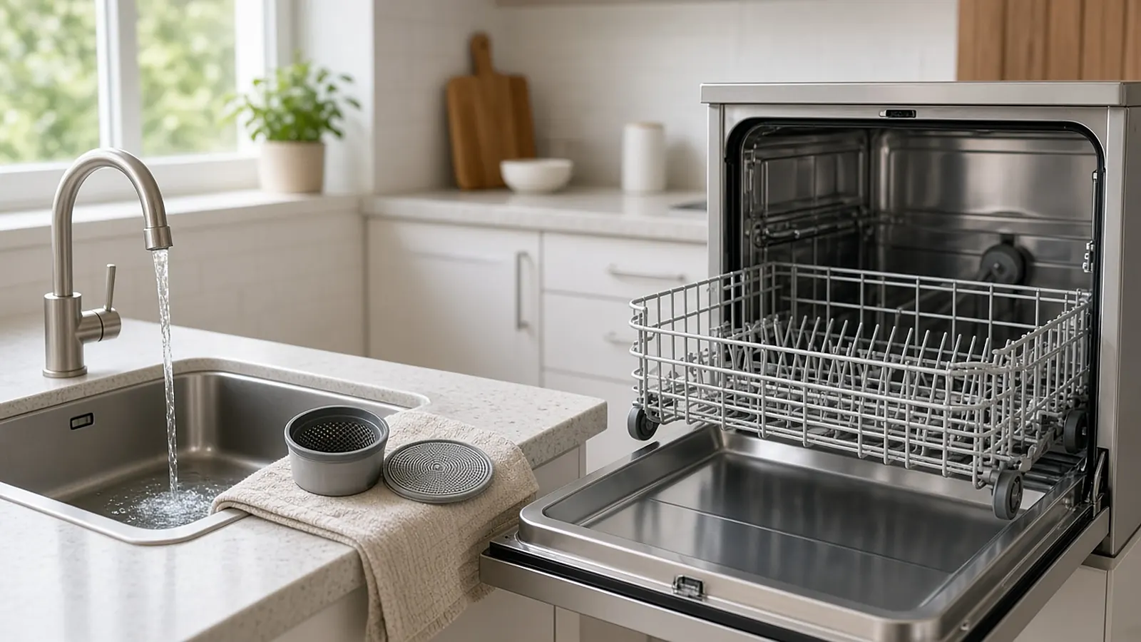 An open dishwasher with the lower rack pulled out and a round cylindrical filter being lifted from the bottom of the tub, in a bright kitchen