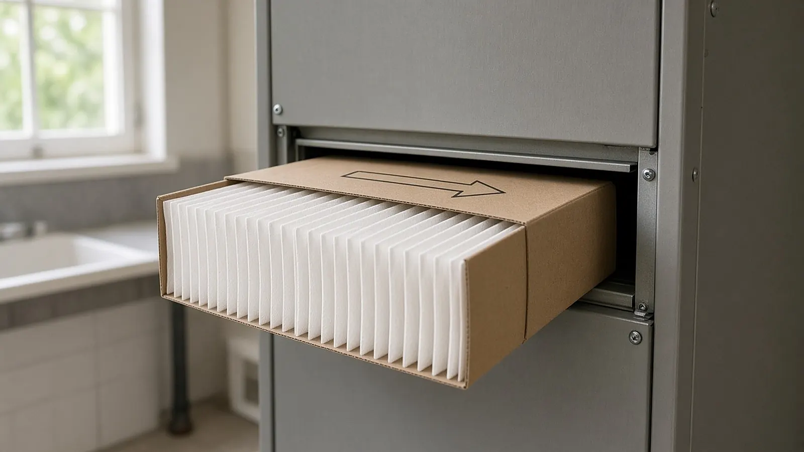 White pleated furnace air filter in a cardboard frame, half slid into the filter slot of a gray furnace cabinet, with an airflow arrow printed on the frame