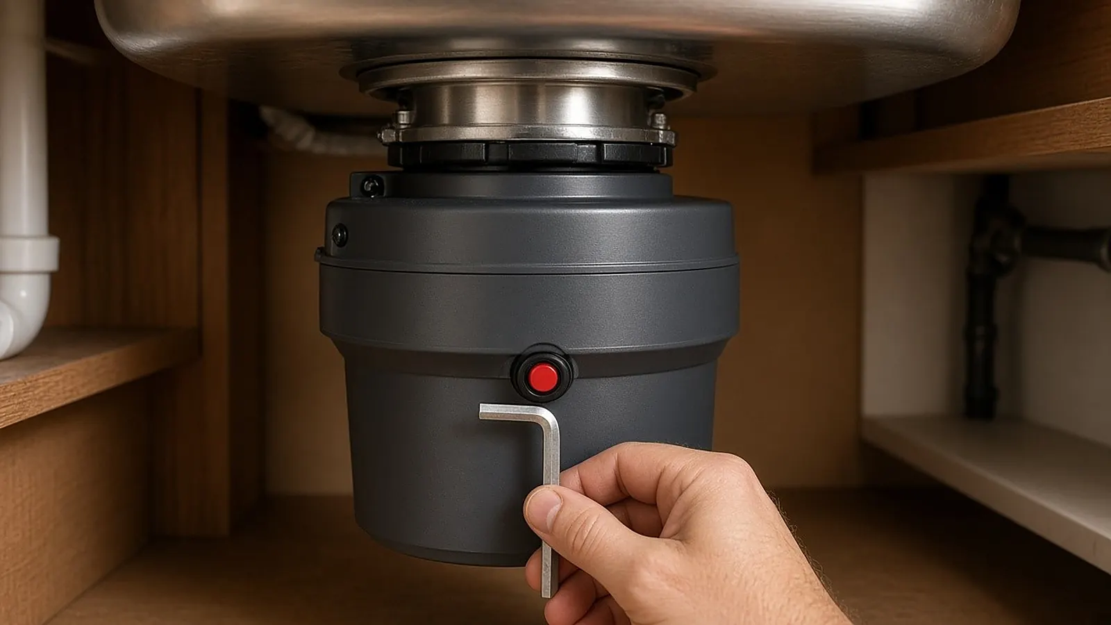 Under-sink garbage disposal unit showing a hand inserting a 1/4-inch L-shaped hex wrench into the bottom center flywheel socket near the red overload reset button