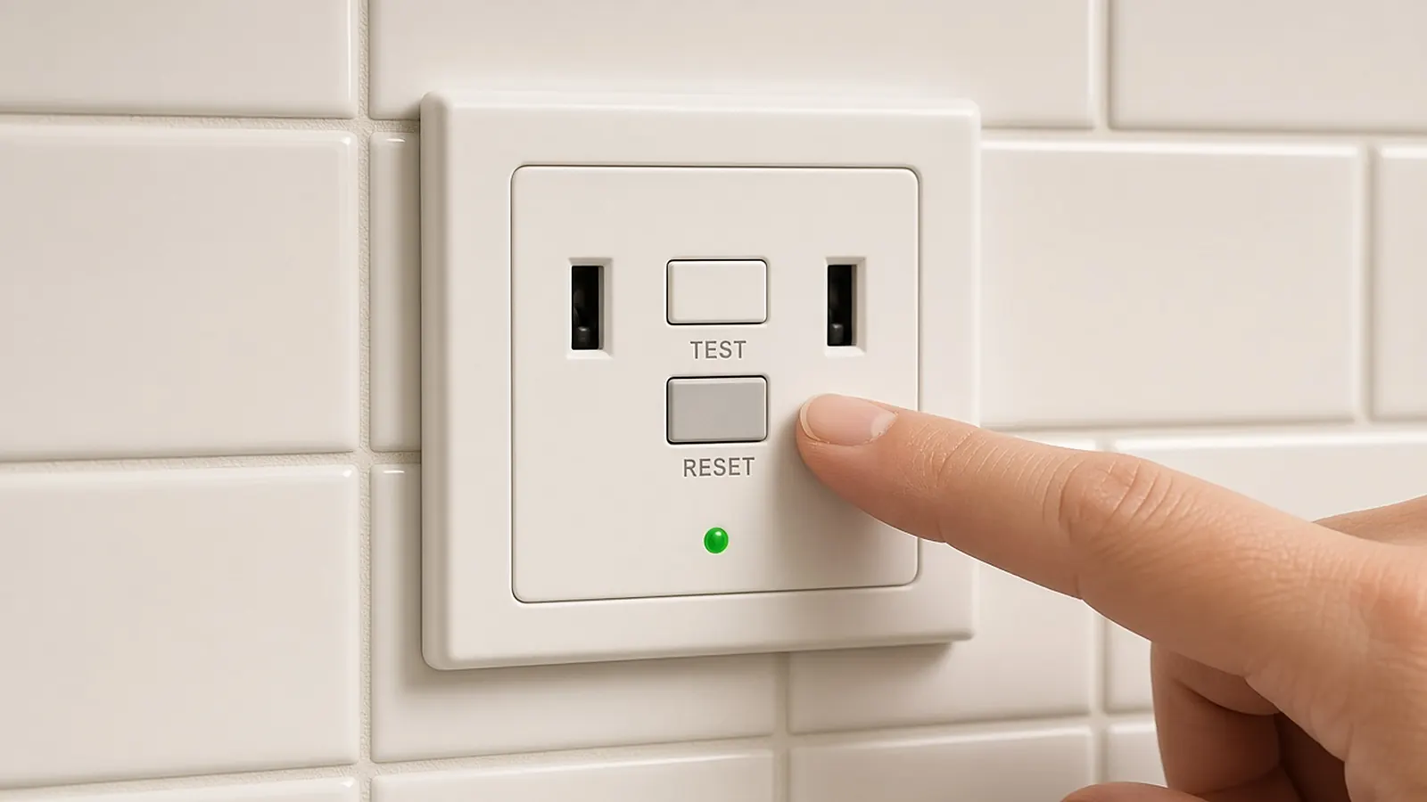 A white GFCI wall outlet with TEST and RESET buttons beside a kitchen counter, a finger about to press the button