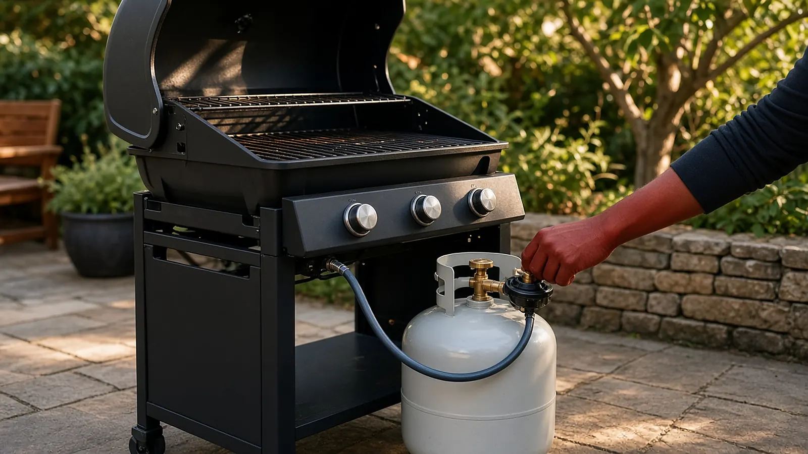 A propane tank connected by a hose and regulator to a gas grill on a patio, with a low blue flame under the grates