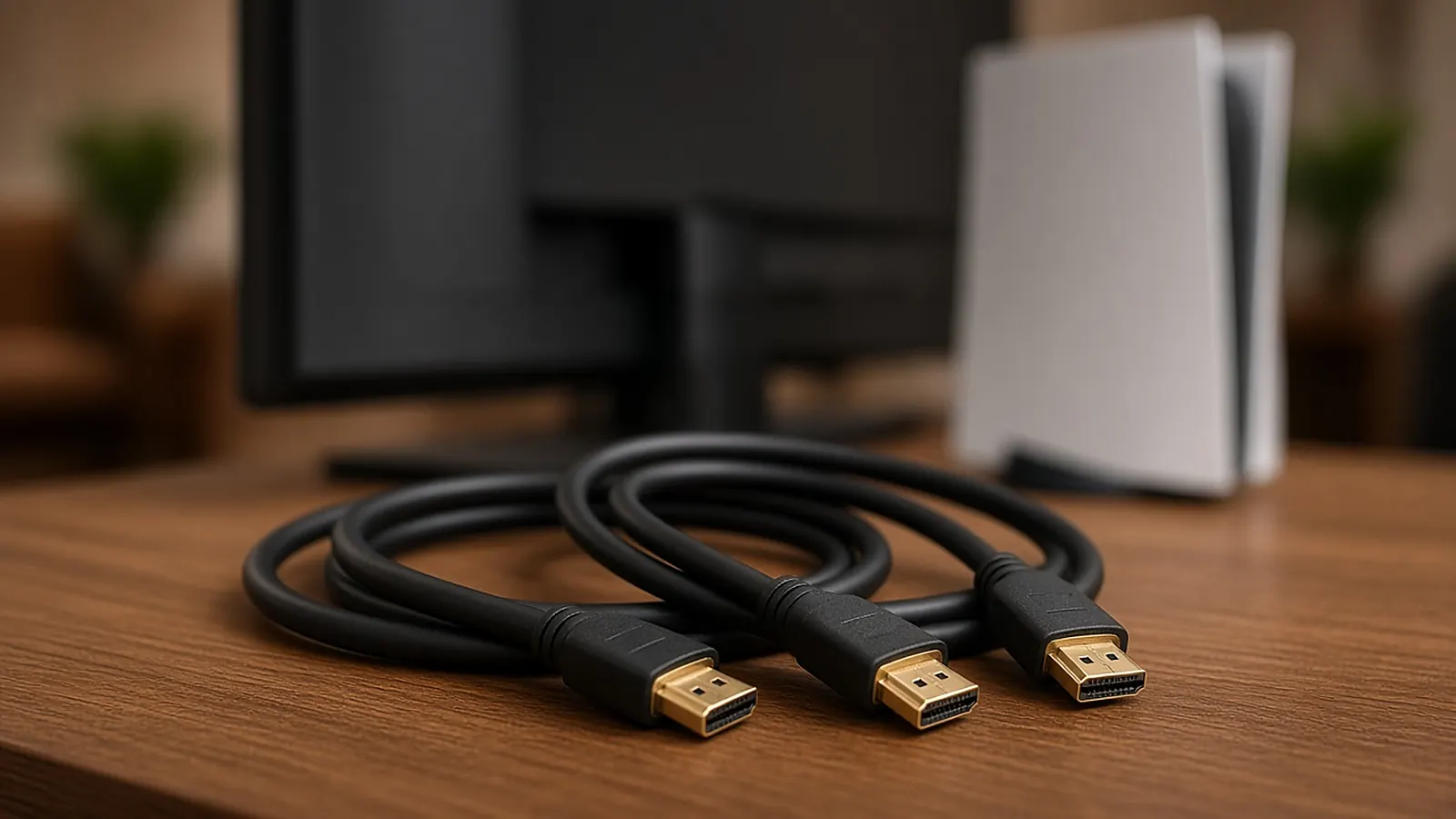 Three coiled black HDMI cables with gold connectors on a wooden TV stand, with a TV and game console blurred in the background