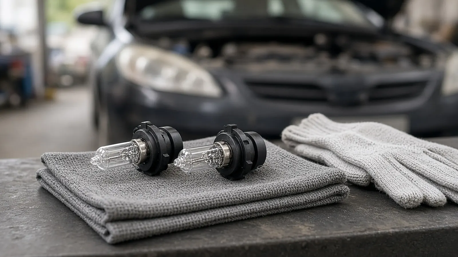 Two new halogen headlight bulbs resting on a folded gray shop towel beside a pair of work gloves, with a car with its hood open blurred behind
