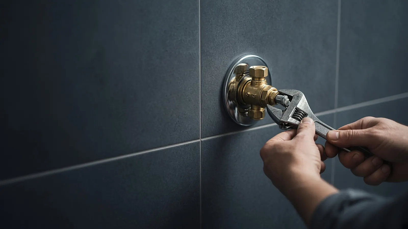 Hands turning an adjustable wrench on a brass shower valve set in dark grey wall tile