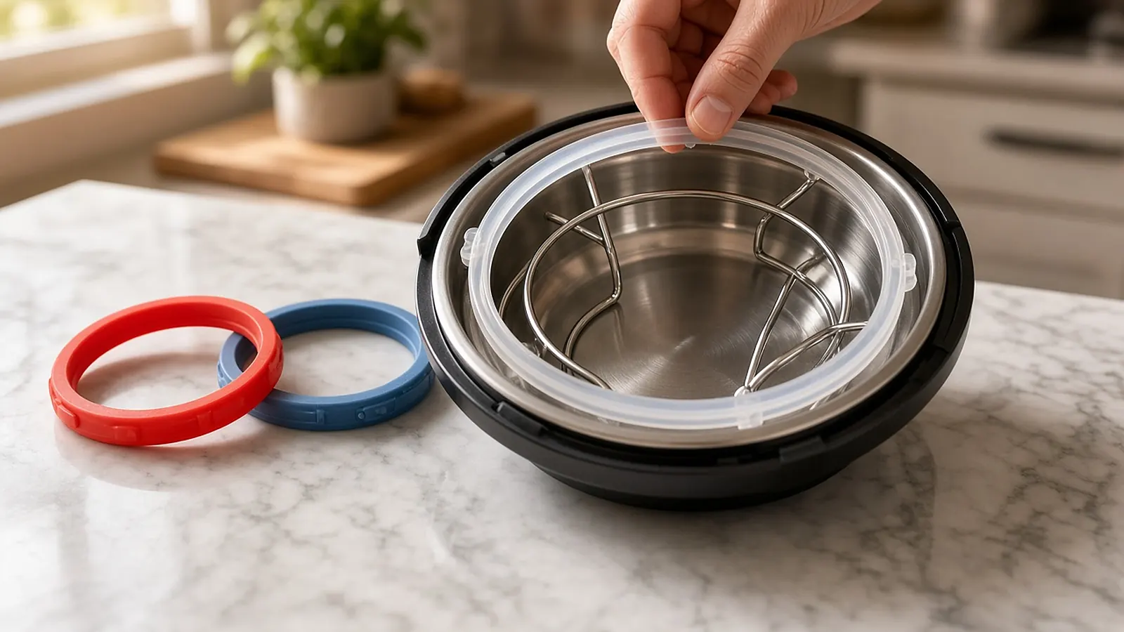 Electric pressure cooker lid turned upside down showing the silicone sealing ring seated behind the metal ring rack