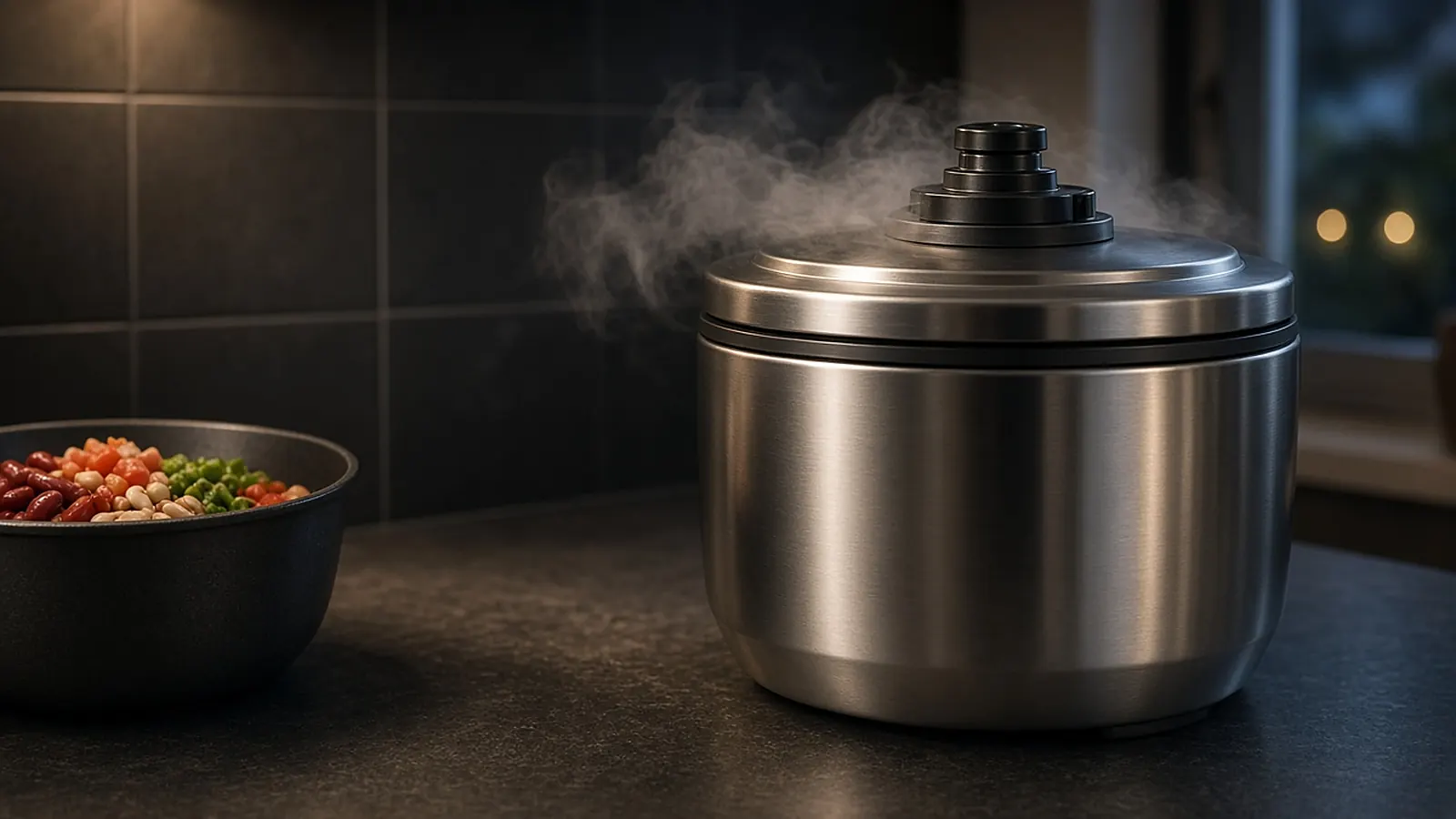 Steam escaping from the lid of a stainless electric pressure cooker beside a bowl of chili ingredients
