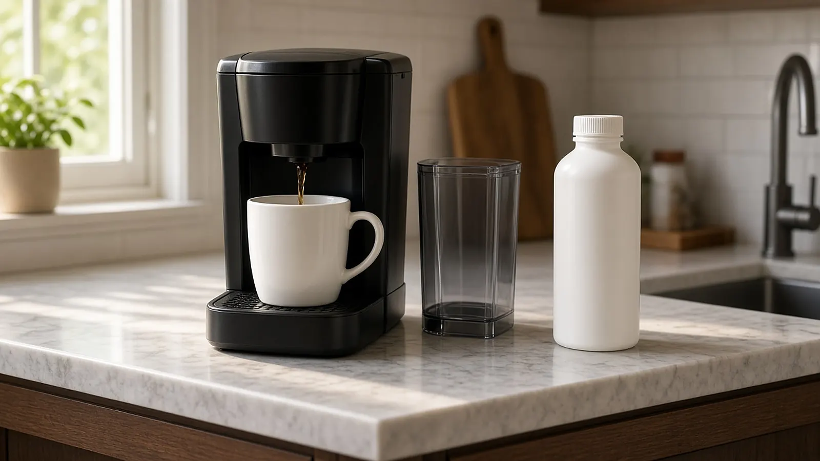 Black single-serve pod coffee maker with a white mug on the drip tray, its water reservoir set beside it and a white bottle of descaling solution on a marble counter
