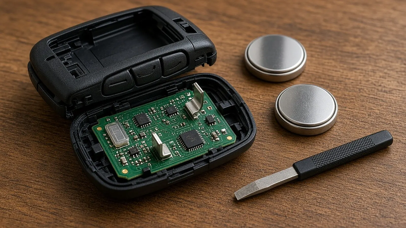 Opened car key fob shell showing the internal circuit board and battery contact prongs next to two 3-volt lithium coin cell batteries and a small flat pry tool
