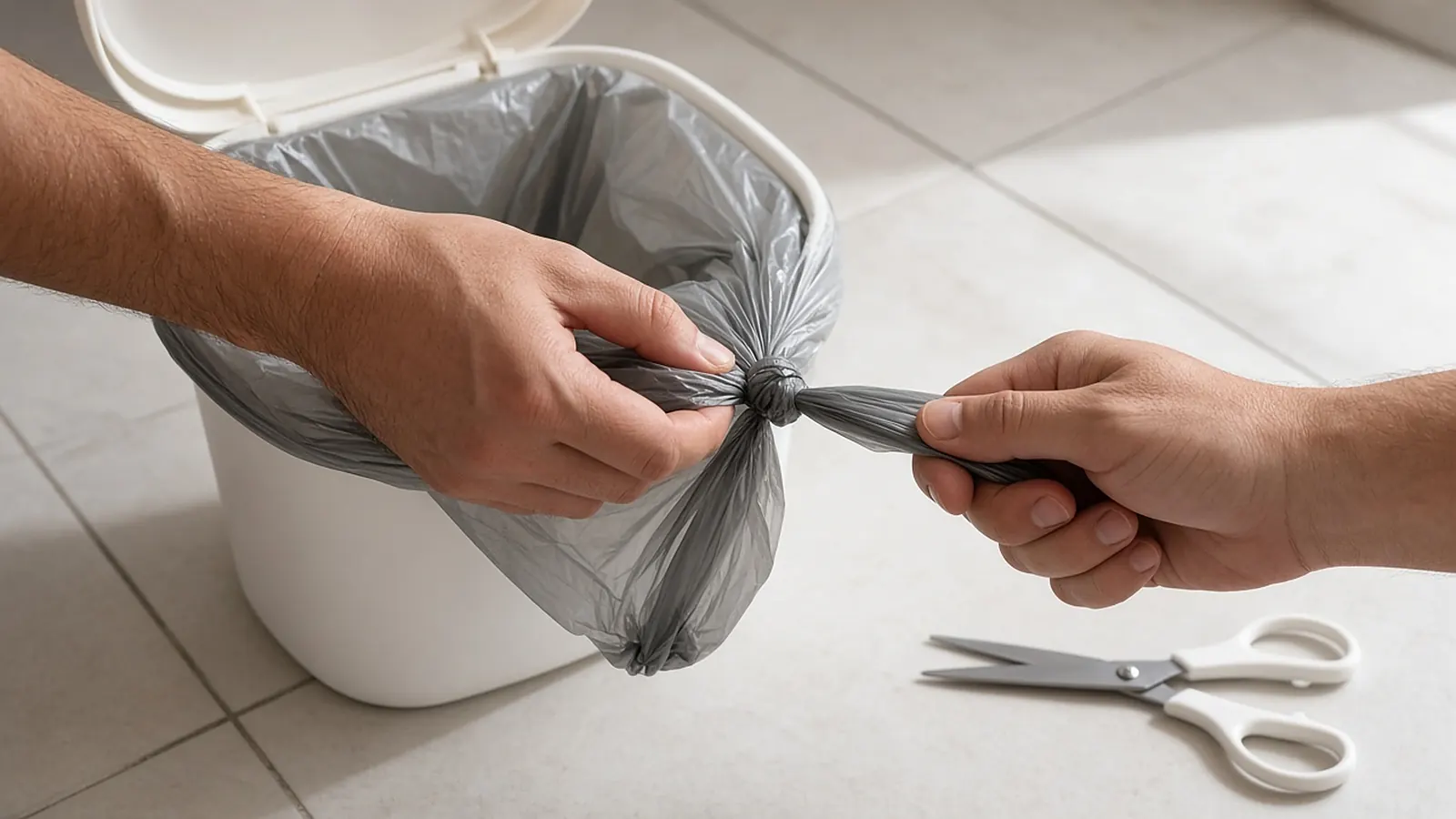 Hands tying a knot in a full grey litter pail bag, with scissors on the floor nearby