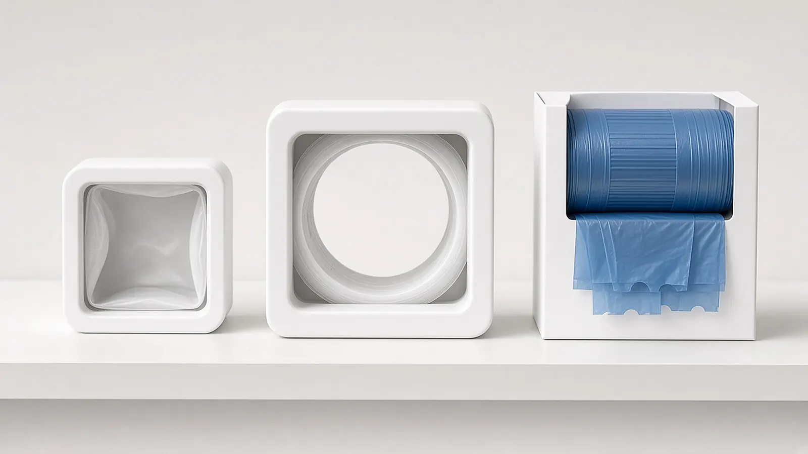Three plain litter pail refills on a shelf: a small square cartridge, a large square cartridge and a box of blue tear-off bags