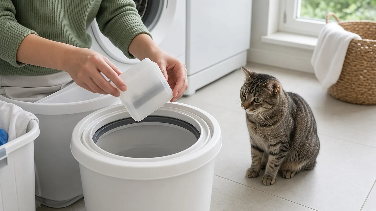 A person holds a square refill cartridge over an open litter pail while a tabby cat watches