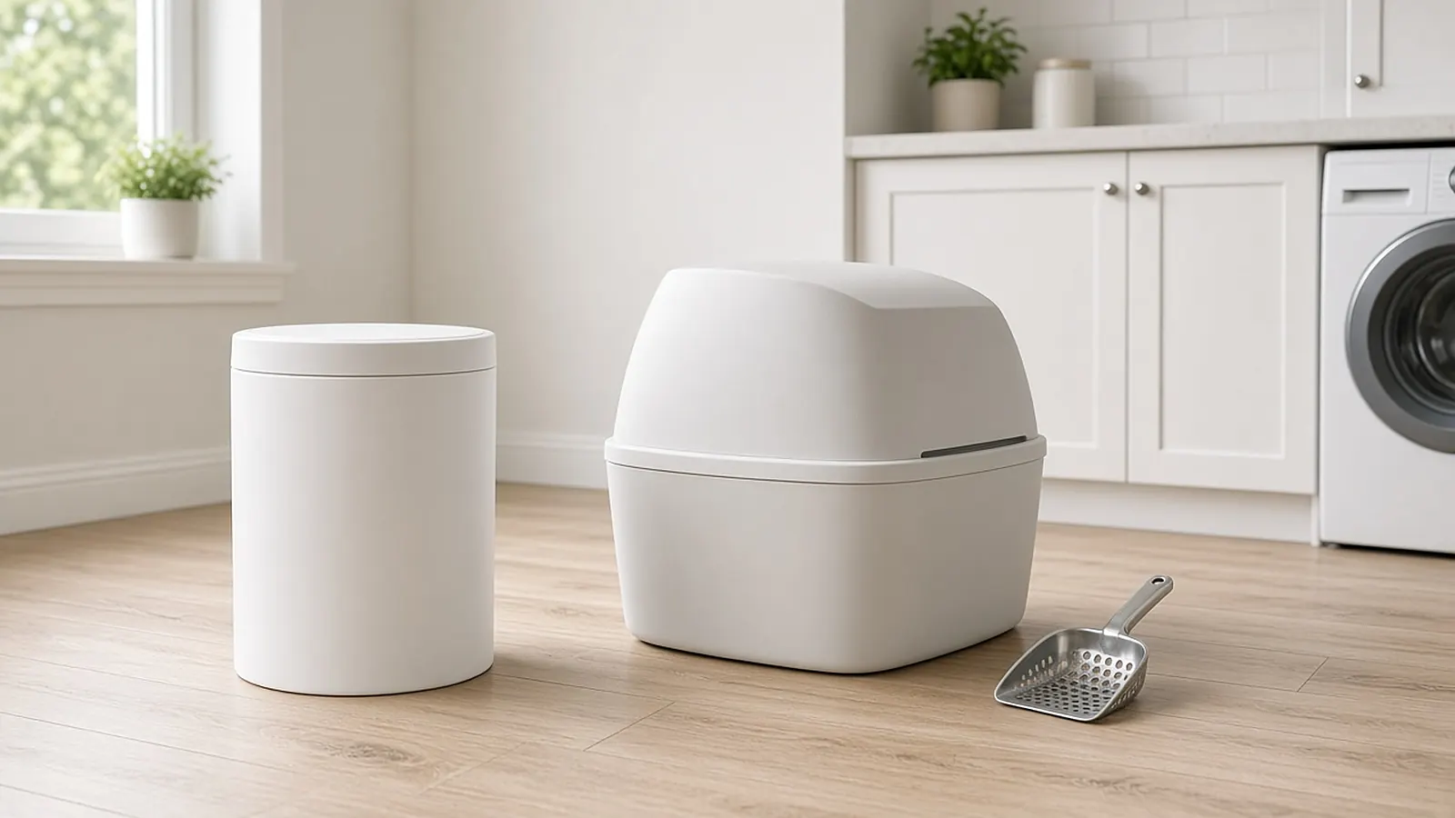 A white litter disposal pail next to a covered litter box and a metal scoop in a bright laundry room