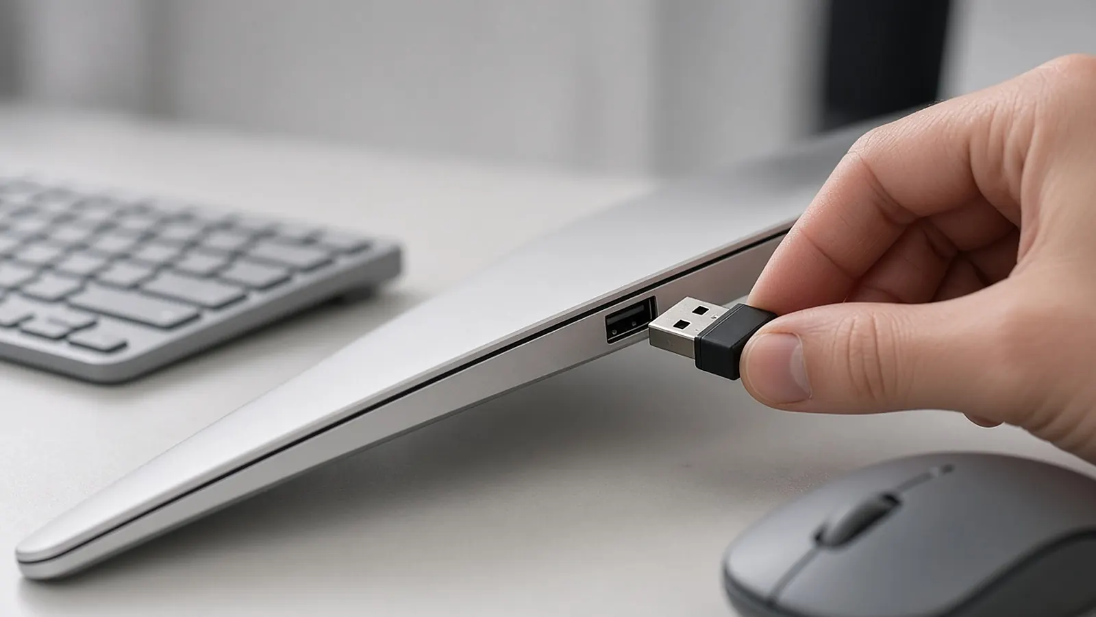 A hand plugging a small black USB wireless receiver into the side of a silver laptop, with a wireless keyboard and mouse on the desk