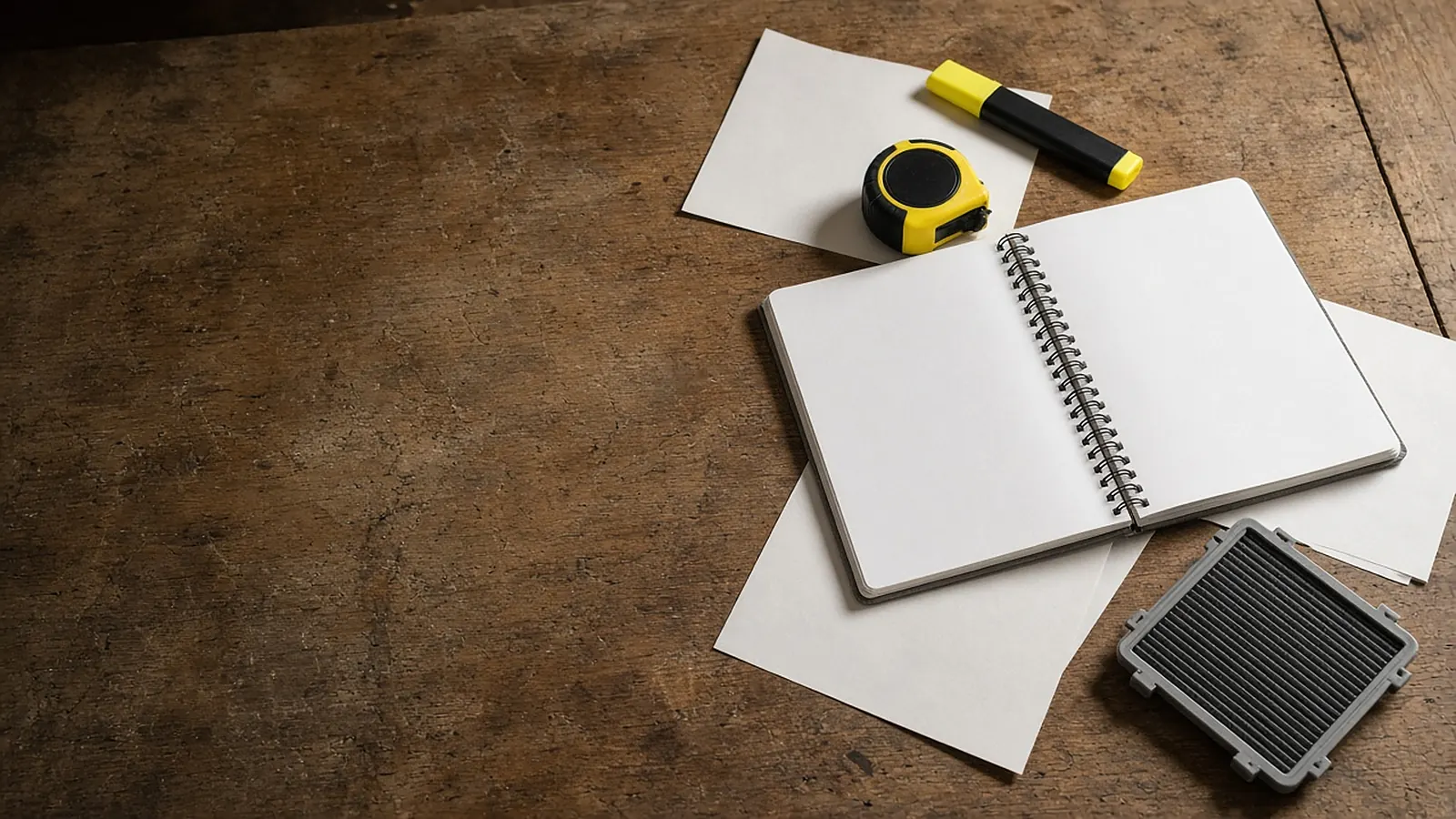Open notebook, highlighter, tape measure and a plain replacement filter on a wooden workbench