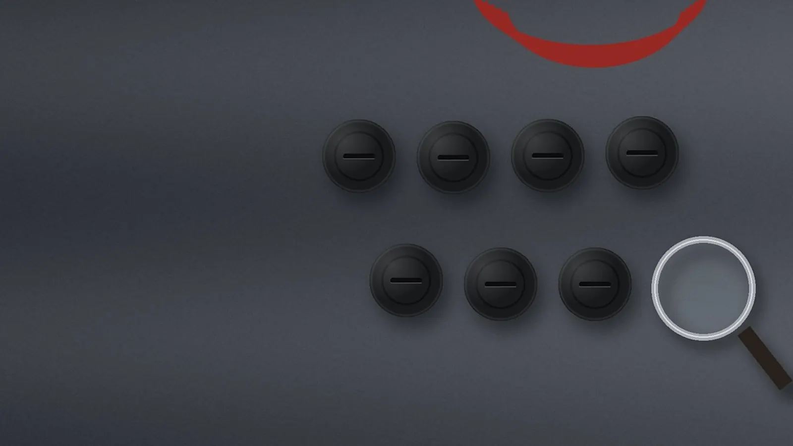 Illustration of seven round black battery modules in two rows on a slate surface, next to a magnifying glass