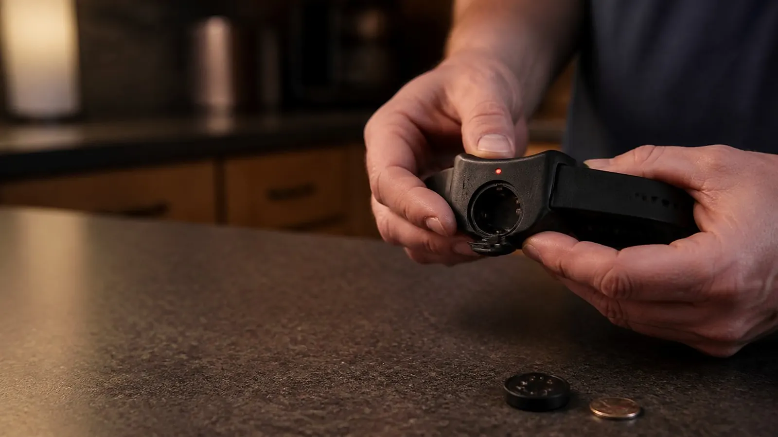 Two hands holding a black collar receiver with its round battery opening showing, a small red light lit, and a battery module and coin on the counter