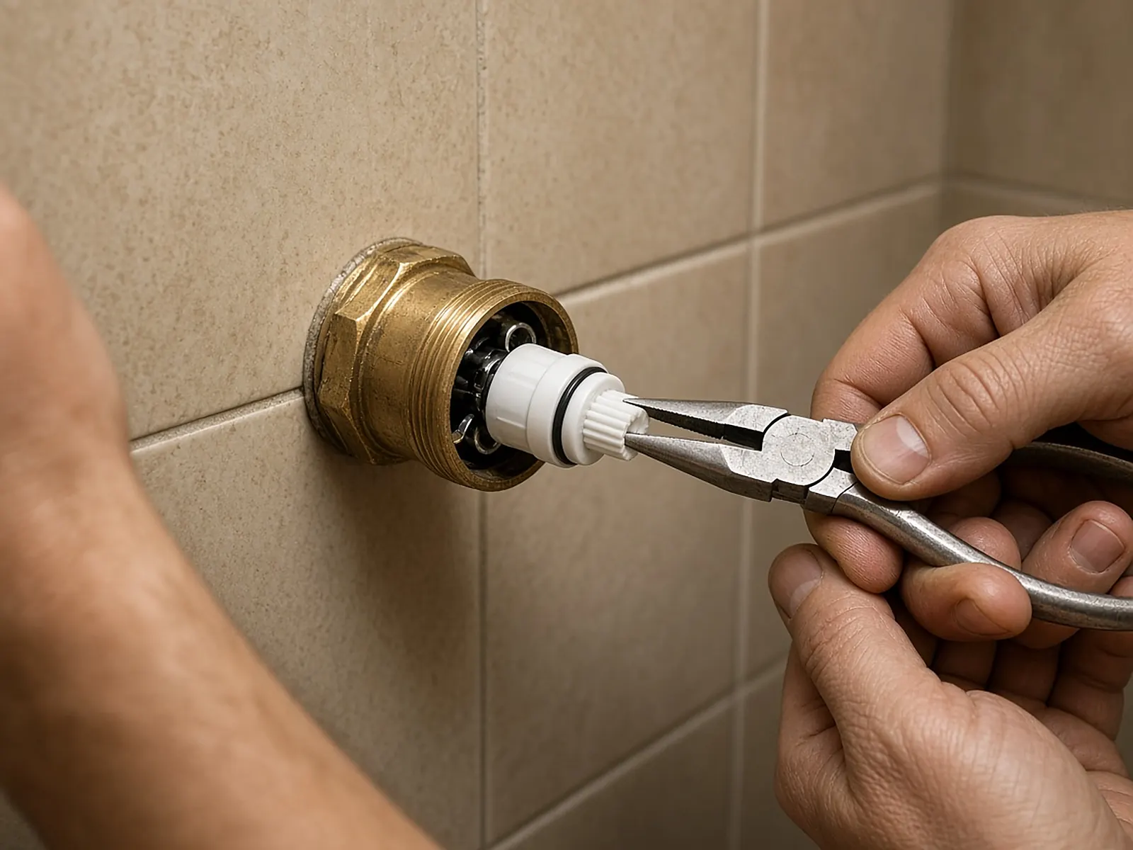 Hands pulling a white cartridge stem out of a brass shower valve with needle-nose pliers
