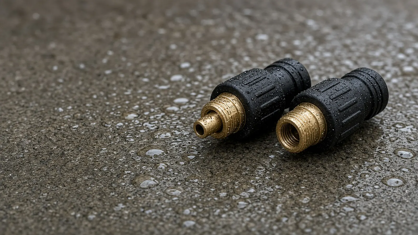 Two threaded brass hose couplers side by side on a wet concrete driveway, one with a narrower stem