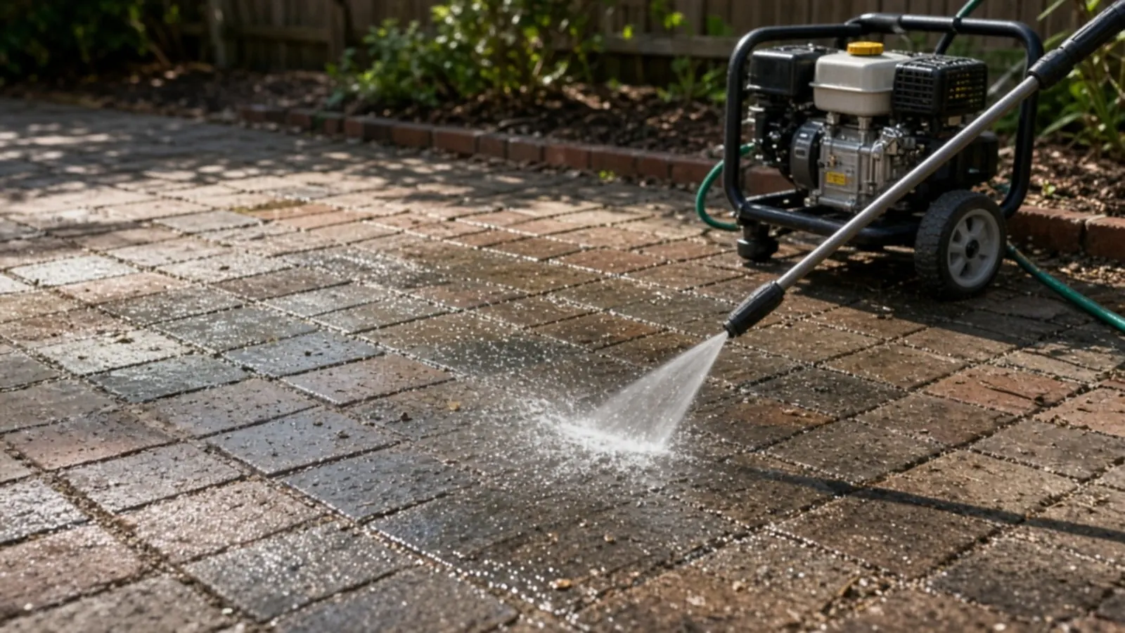 Weak, sputtering spray from a pressure washer wand on a brick patio, the gas engine unit and hose behind it