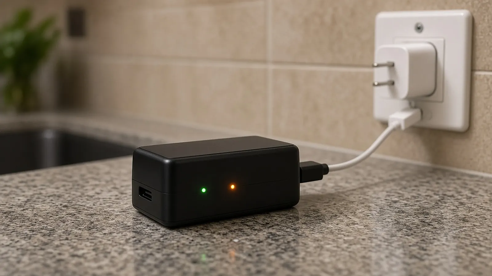 A small black battery pack charging on a kitchen counter, with one green and one amber light lit