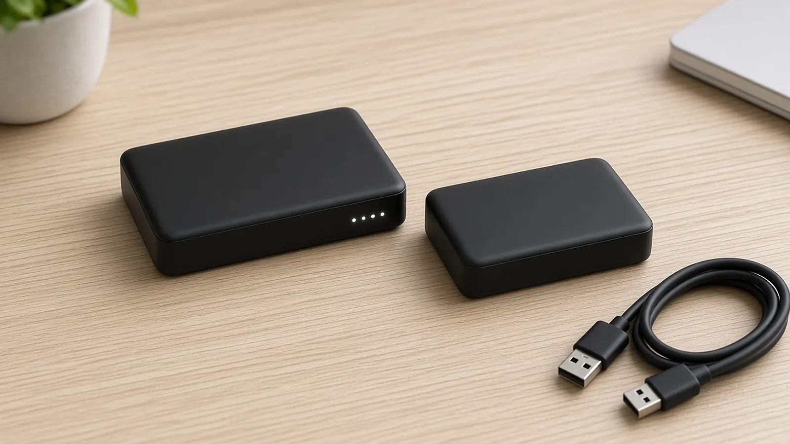 Two black battery packs side by side on a wood desk, the larger one with four small lights, next to a coiled USB cable