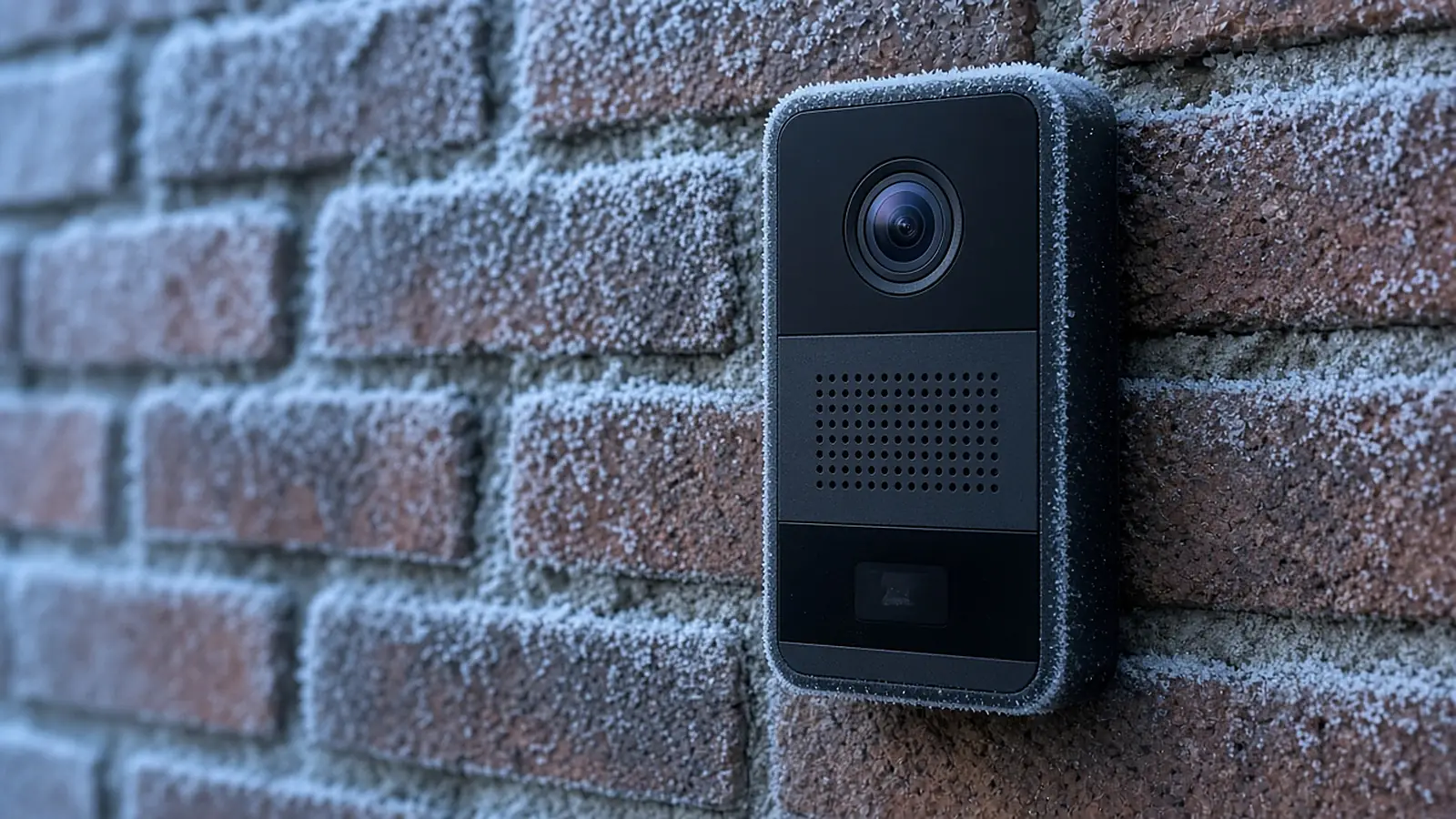A video doorbell on a brick wall covered in morning frost