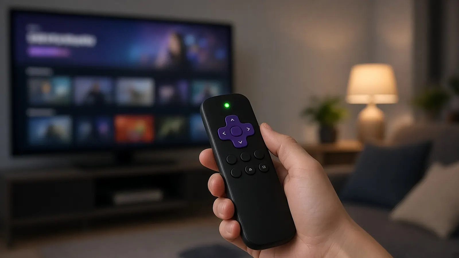 A hand holding a Roku-style streaming remote pointed at a TV in a living room, a small light glowing on the remote