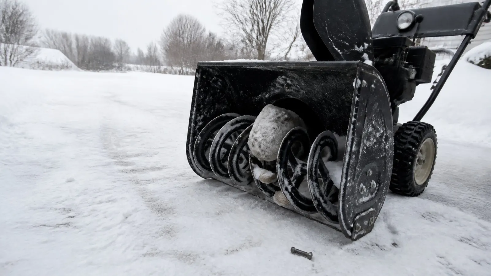 Two-stage snow blower in a snowy yard with a chunk of ice jammed in the auger and a broken shear pin lying in the snow