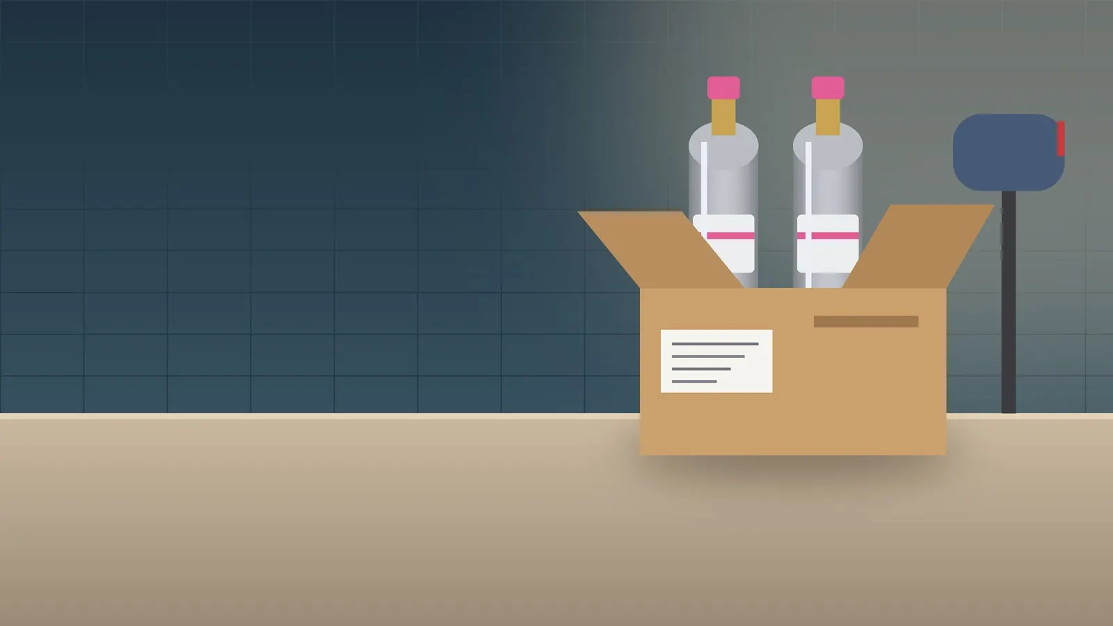 Illustration of an open shipping box holding two gas cylinders, with an envelope label and a mailbox in the background