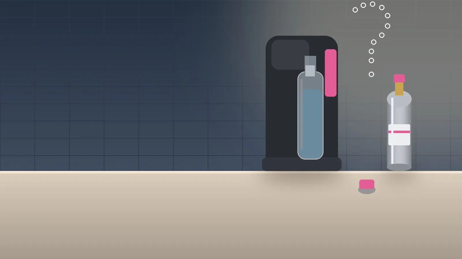 Illustration of a sparkling water maker with a flat bottle of still water, a removed cylinder cap on the counter and a question mark of small bubbles
