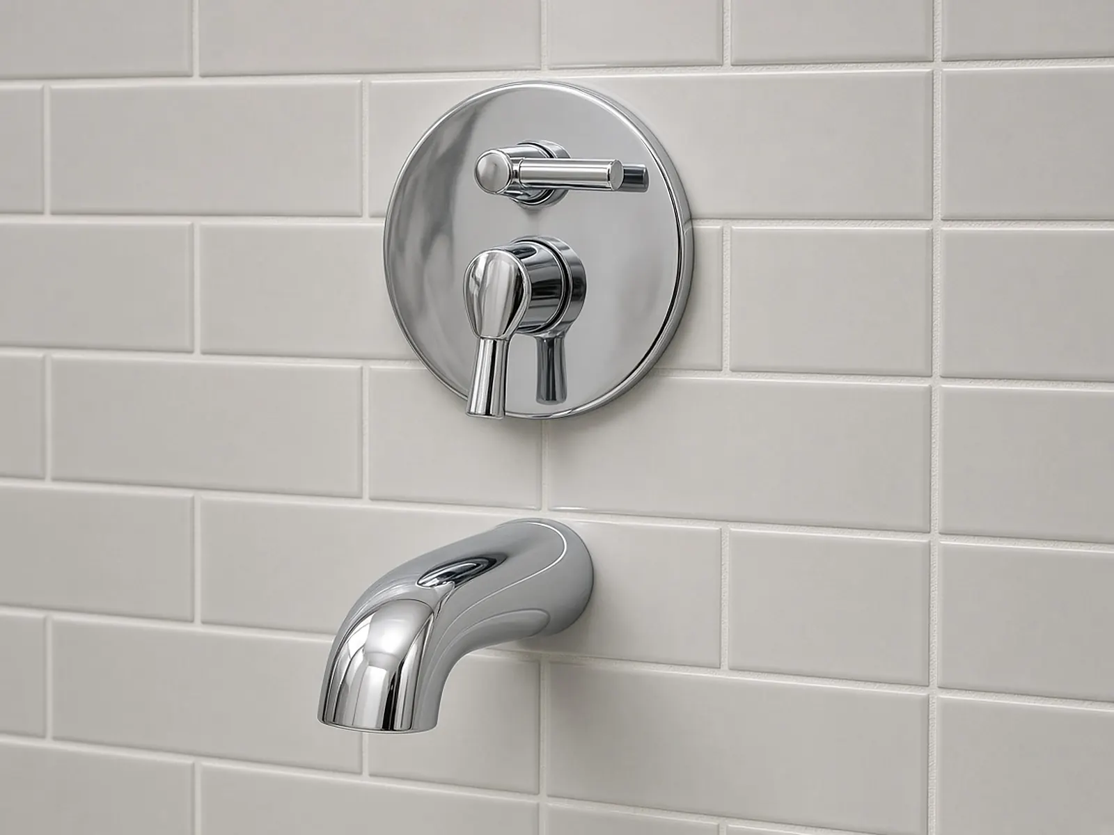 Chrome single-handle tub and shower control with a round wall plate above a tub spout on white subway tile
