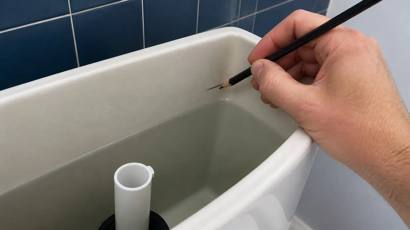 Hand marking the water line inside a toilet tank with a pencil, overflow tube in the foreground