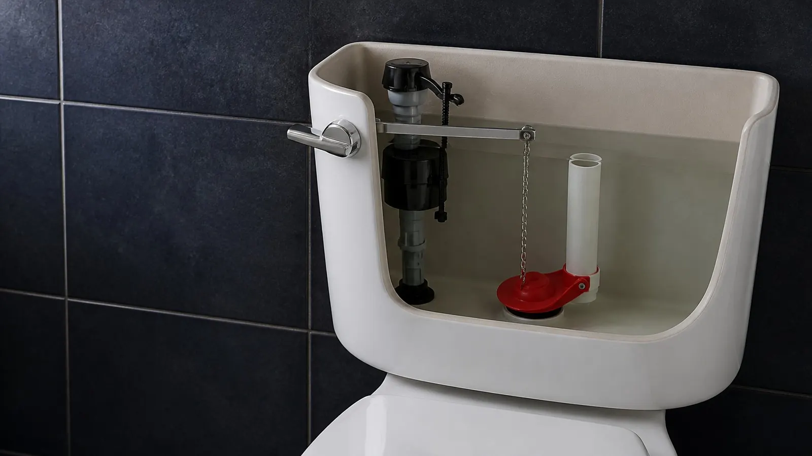 Open toilet tank against dark tile: a fill valve on the left, and a chain from the flush lever down to a red flapper beside a white overflow tube