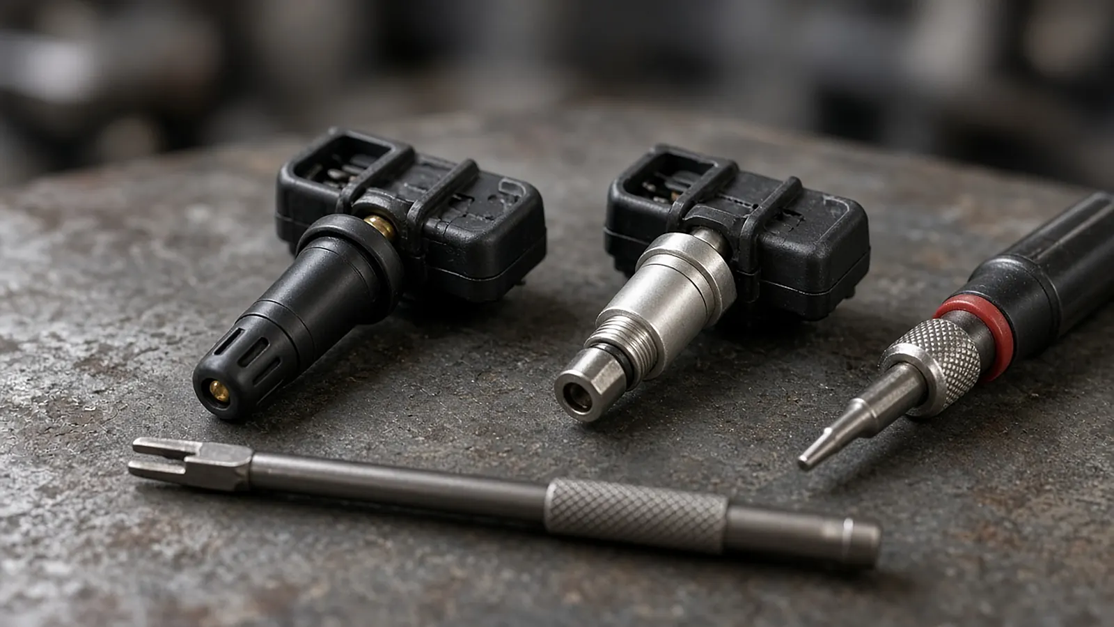 Two tire pressure sensors on a workbench, one with a rubber snap-in stem and one with a metal clamp-in stem, next to a valve core tool