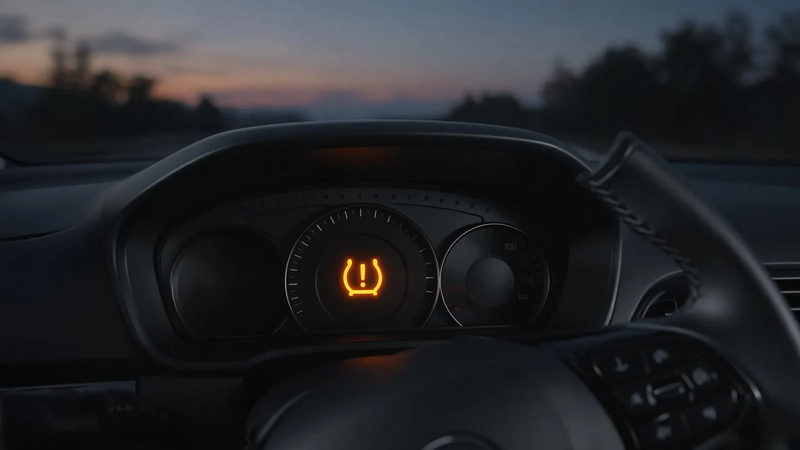 An amber tire pressure warning light glowing on a car's instrument cluster at dusk